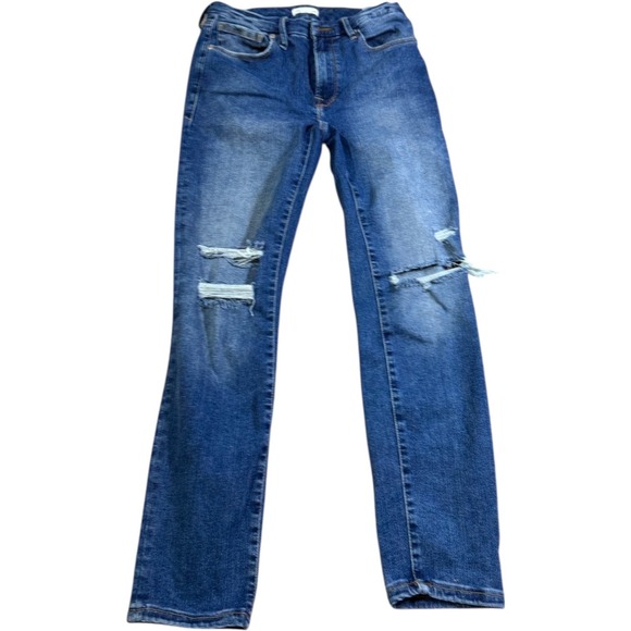 Good American Blue Denim Distressed Ripped Knee Straight Leg Jeans Women's 6-12 - Picture 1 of 9